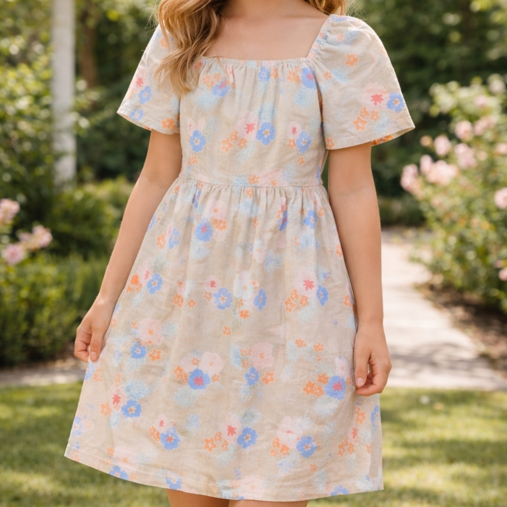 There About Girls Pastel Floral Puff Sleeve Spring Summer Dress Beige Size XL 16